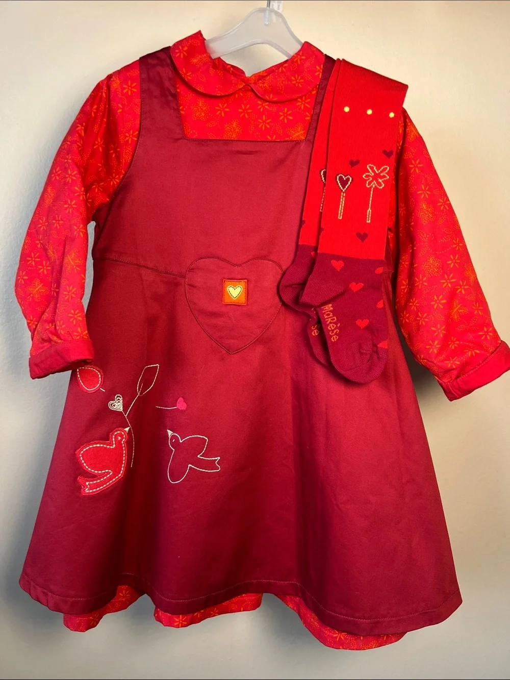 Vintage Girls Red Heart Appliqué Jumper Dress with Tights